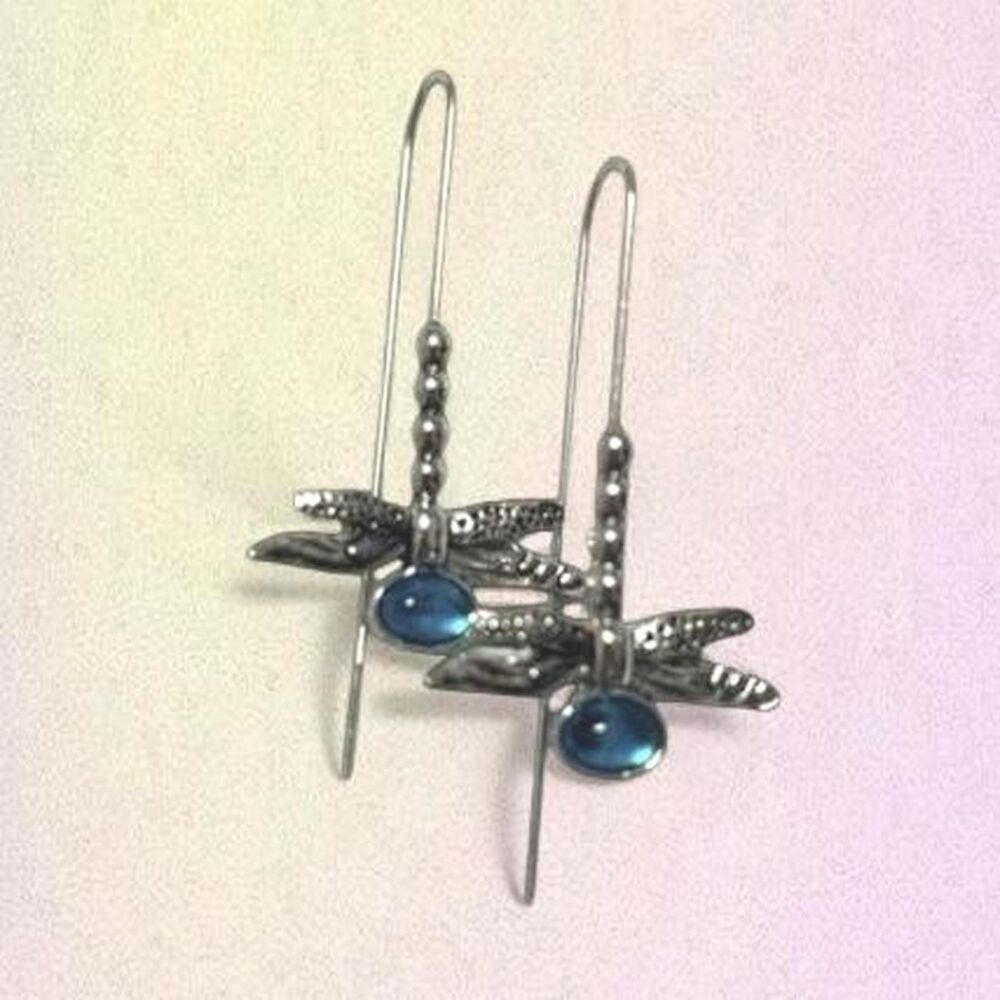 silver plated teal dragonfly earrings